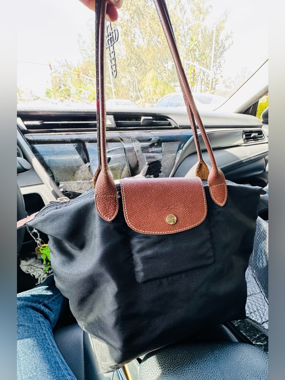 Medium Longchamp Black Nylon Tote with Brown Leather Trim